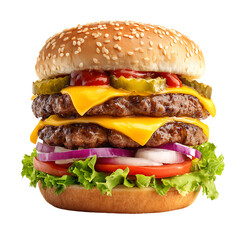 Towering double cheeseburger deliciously stacked with fresh toppings and toasted sesame seed bun isolated on transparent background