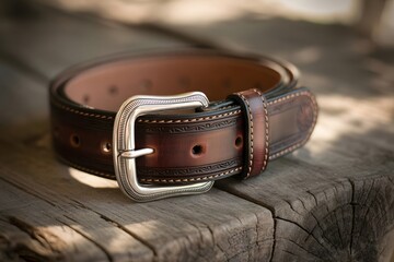 High-resolution photograph of a weathered leather belt, rustic and vintage look, natural textures, worn-out details, isolated on wooden background