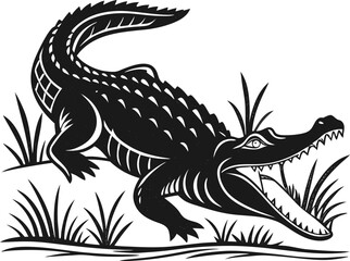 a black and white illustration of a crocodile