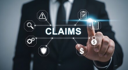 Businessman interacting with digital claims process interface and icons