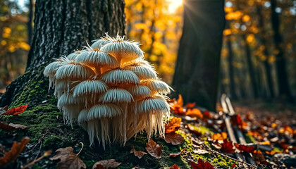 Cluster of White Shelf Mushrooms Growing on Tree Trunk in Golden Autumn Sunlight