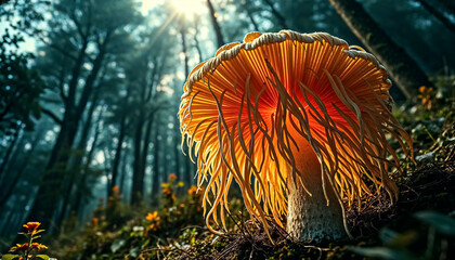 Extreme Close-up of Luminous Orange Mushroom Gills in a Dark Forest with Sun Rays