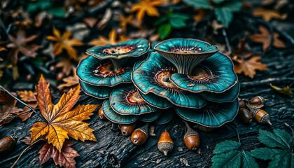 Striking Teal and Turquoise Mushroom Cluster on Forest Floor with Autumn Leaves and Acorns