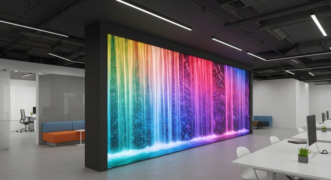 Modern Office Interior with Large Digital Waterfall Display