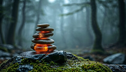 Zen Stone Cairn Balance on Rocks in a Dark, Moody, and Foggy Forest Landscape