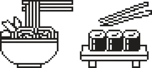 Simple outline illustration of ramen noodles and sushi with chopsticks