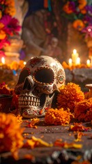 Ornate skull, marigold flowers, candles.  A Day of the Dead display