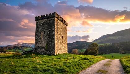 Dramatic sunset illuminating the pastoral landscape of a fortified stone tower ancient landmark