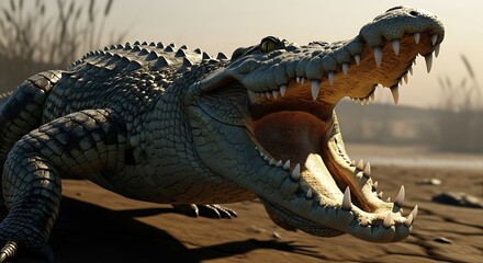 Fototapeta premium Large crocodile with open mouth showing teeth a dangerous predator in its natural habitat ready to strike transparent background