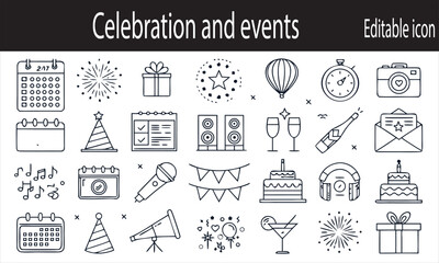 Collection of doodle icons representing celebration and events