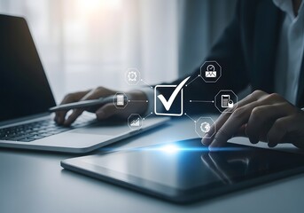 Business professional completing tasks on laptop and tablet with digital checklist overlay