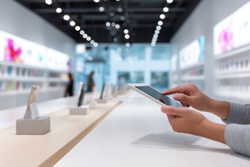 Fototapeta premium Hands using tablet inside store