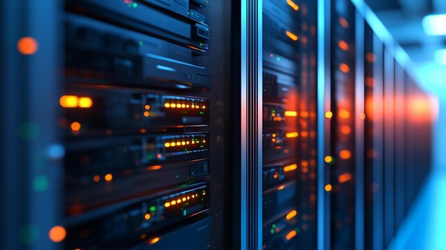 In the server room, server racks display lights with various server activities. The server setup ensures that server operations run efficiently through lights.