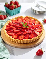 Strawberry tart with glossy sliced berries on golden crust, mint garnish, wood board, mint, berries, napkin, plates on marble in bright daylight kitchen.