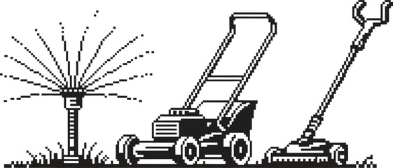 Illustration of gardening tools including a lawnmower rake and sweeper