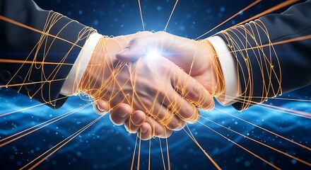 Business handshake with glowing network lines symbolizing partnership connection and technology ideal for corporate communications