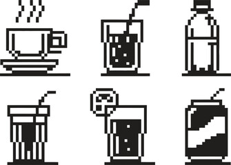 Pixel art collection of hot and cold drinks and beverages
