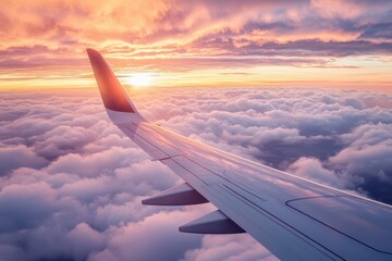 Obraz premium Sunrise view from airplane window above clouds 