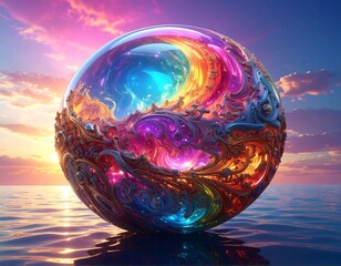 Ornate sphere floating on water at sunset
