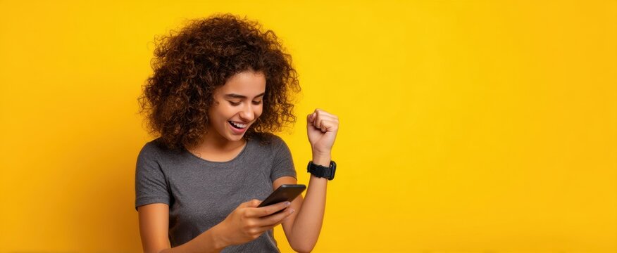 The young woman celebrating joyful news while checking her smartphone against yellow background