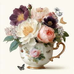 Stunning, elegant  illustration of an elegant teacup filled with delicate pastel flowers, including roses and peonies