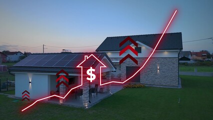 Modern private residential house with rising graphic chart representing increasing real estate...