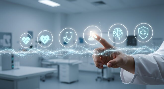 Healthcare network connectivity concept with doctor touching digital medical icons in hospital setting.