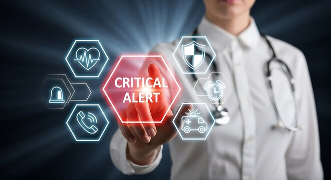 Doctor touching a digital screen displaying medical icons a critical alert concept for healthcare and emergency response transpare