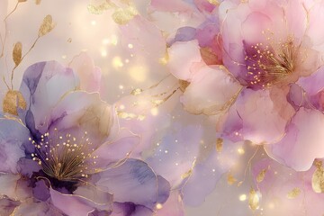 Elegant camellia background in pastel purple and pink tones with gold thread. Dreamy watercolor pattern. Immerse yourself in timeless beauty with the delicate Floral Toile De Jouy Seamless Pattern.