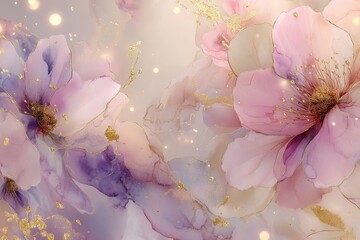Elegant camellia background in pastel purple and pink tones with gold thread. Dreamy watercolor pattern. Immerse yourself in timeless beauty with the delicate Floral Toile De Jouy Seamless Pattern.