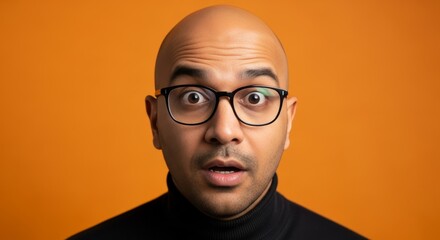 A bald man with glasses and a black turtleneck looks surprised against an orange background wall