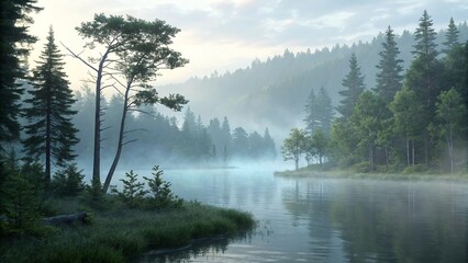 Fototapeta premium A foggy morning by a hidden forest lake with dense trees and calm reflections perfect for misty atmospheric landscape photography