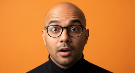 A bald man with glasses and a turtleneck sweater looks surprised against an orange background color