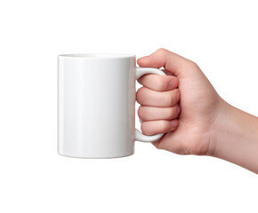 A hand holding a white ceramic mug isolated on transparent background, perfect for customization and branding mockups