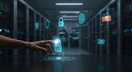 Cybersecurity concept with hand interacting with glowing digital lock icons in server room.