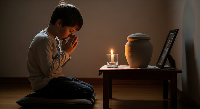 Boy in prayer beside a memorial urn and photograph, mourning the loss of a loved one