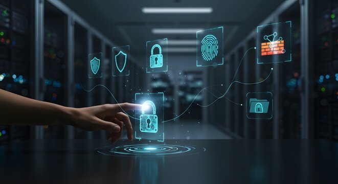 Cybersecurity concept with hand interacting with glowing digital lock icons in server room.
