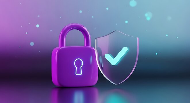 Purple padlock with a checkmark shield 3D render for data protection cybersecurity and online safety concepts transparent backgrou
