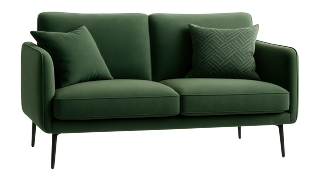Green sofa with two pillows on a white background.