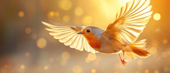Small bird in flight golden sunlight bokeh background wildlife photography