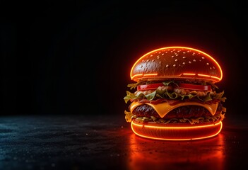 Vibrant neon burger glowing with cheese, lettuce, tomato on dark background