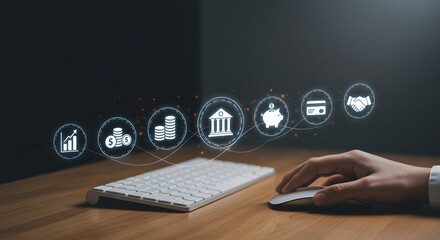 Financial technology concept with glowing icons representing investment, banking, and digital transactions.