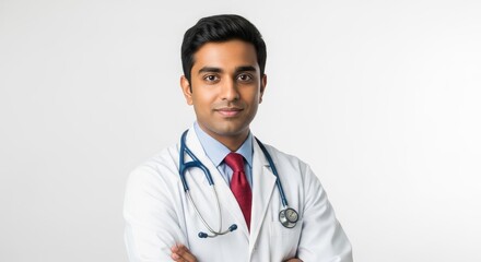 A portrait of a young male doctor in a white coat with a stethoscope against a white background
