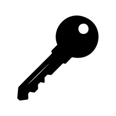 Black silhouette of a metal key on a white isolated background
