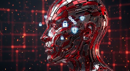 Red metallic human head with digital locks a concept for cybersecurity and data protection rendered in 3D transparent background