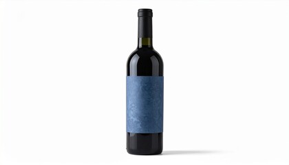 Dark wine bottle with blank blue label and black cap—standing upright on plain white background