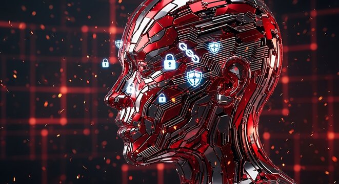 Red metallic human head with digital locks a concept for cybersecurity and data protection rendered in 3D transparent background
