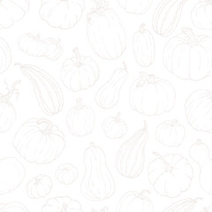 Seamless Pumpkin Pattern Line Art – Hand Drawn Autumn Vegetables, Fall Harvest, Halloween and Thanksgiving Outline Design – Seasonal Fabric, Wrapping, Packaging, transparent background