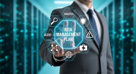 Businessman touching risk management plan interface modern technology concept for business strategy cybersecurity and data protect