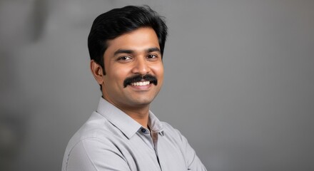 A smiling man with dark hair and a mustache wearing a gray shirt against a gray background space blank